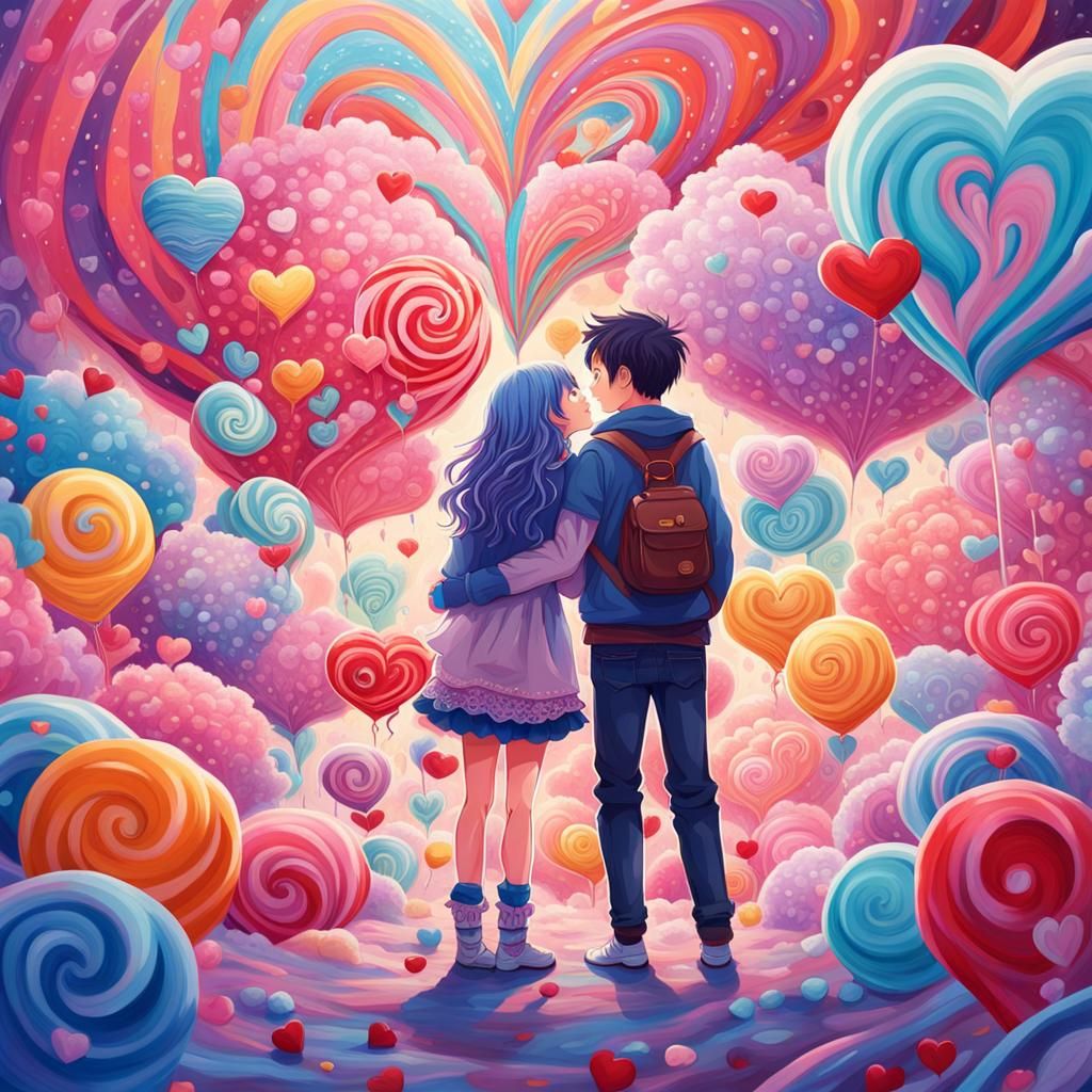 Anime Couple in Candyland Gouache Wonderland