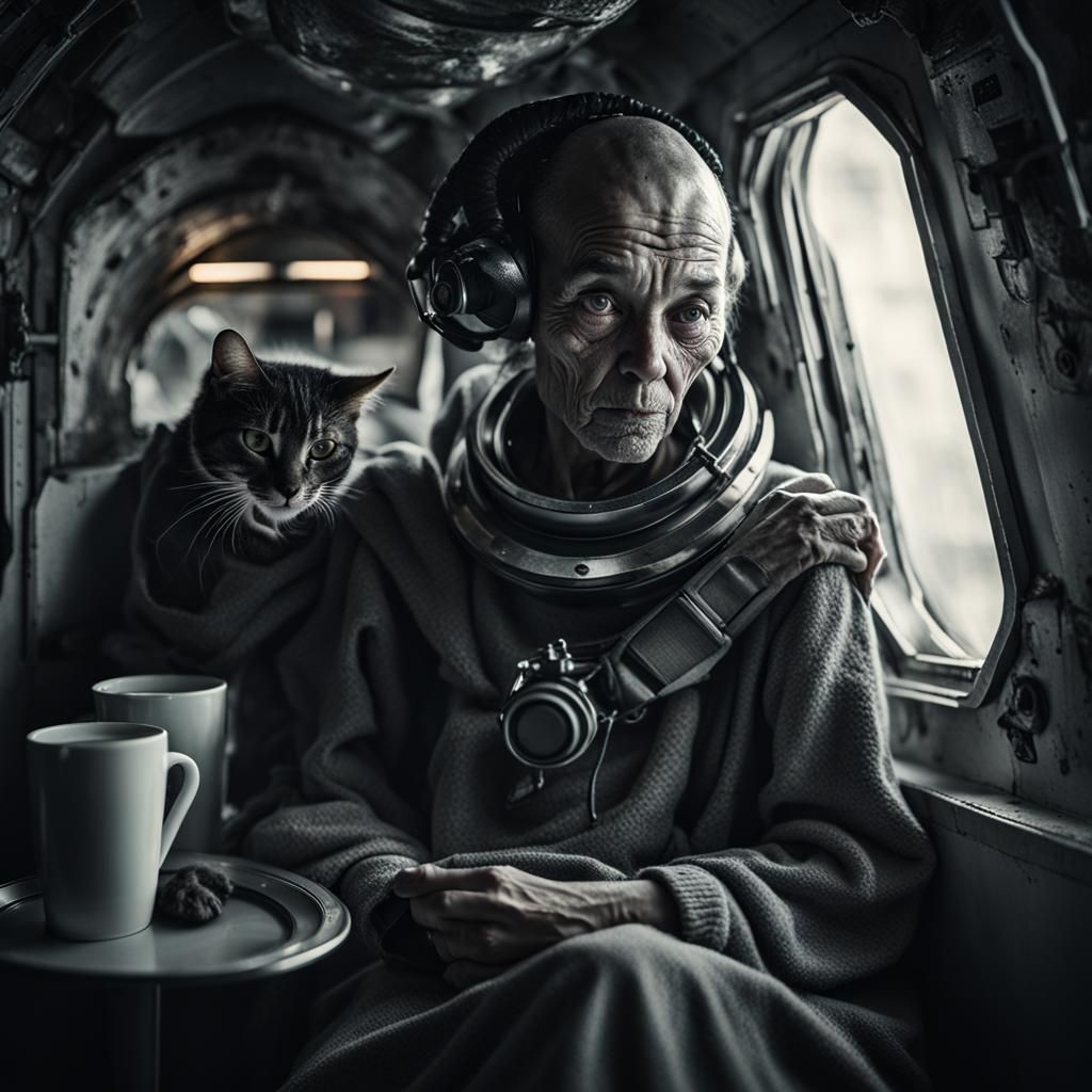Alien Goddess Sipping Coffee in Space Shuttle