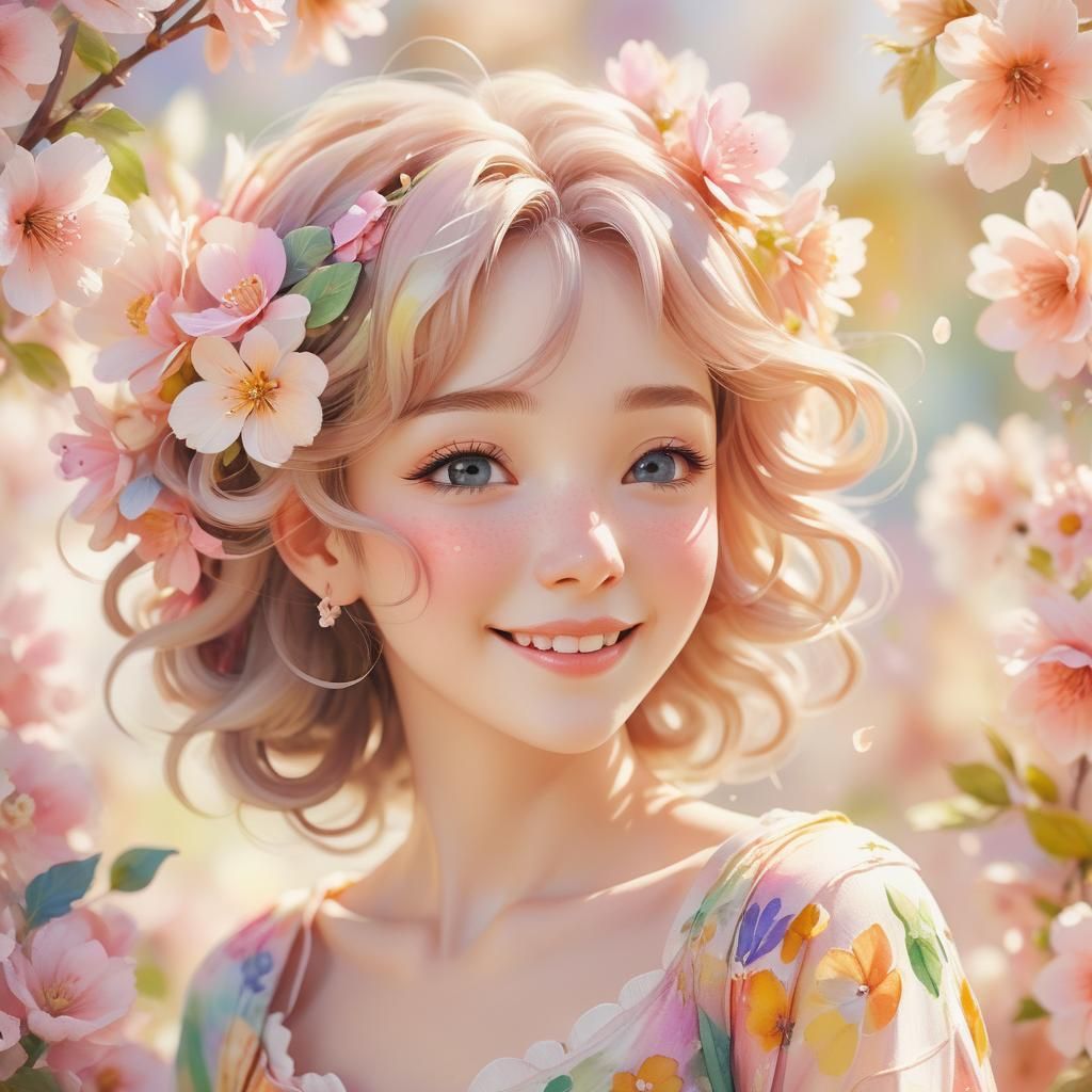 Joyful Spring Woman in Whimsical Anime Style