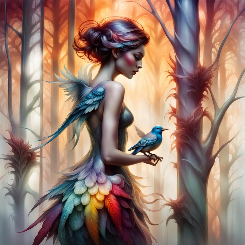 Jelly Bird Sculpture in Fog, Photorealistic Style