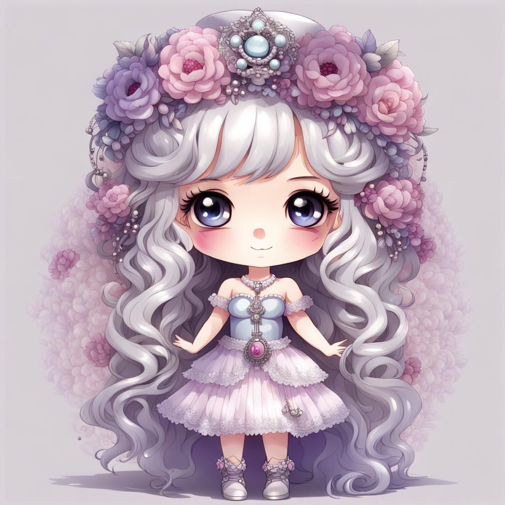 white background, pretty chibi girl big blue eyes, silver ha...