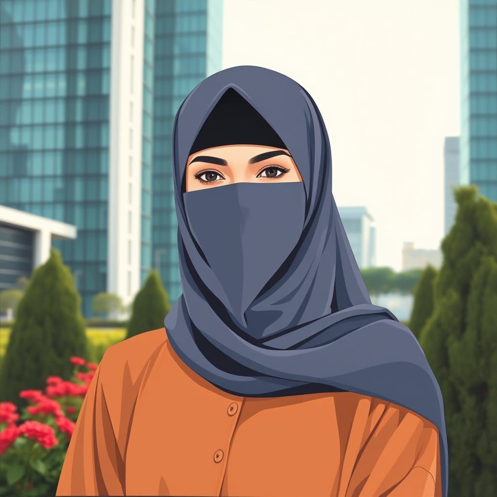 Minimalist Painting of Niqabi Woman in City Garden