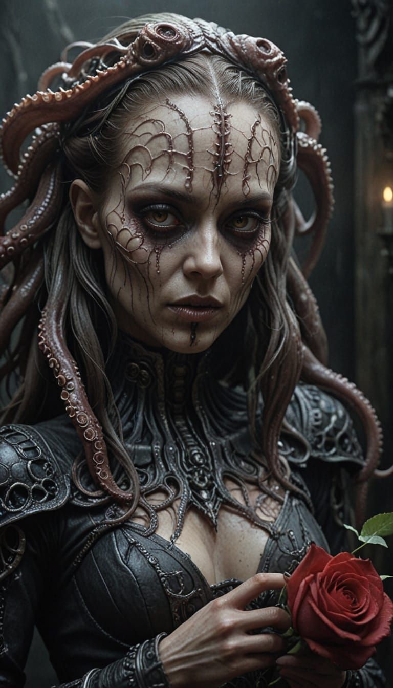 Gothic Octopus Goddess in Elegant, Crimson Attire