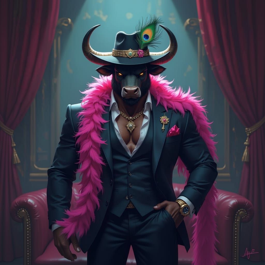 Minotaur Warrior in Pimp Suit with Peacock Feather Hat