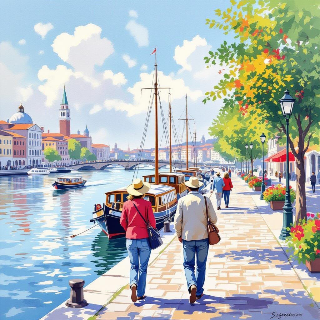 Tranquil Riverside Scene with Passing Boats