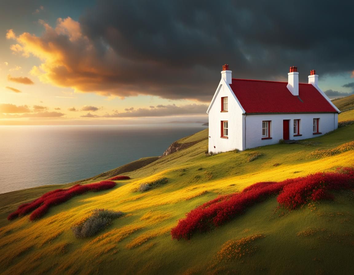 Seaside Croft House at Sunset: Photorealistic Digital Painti...