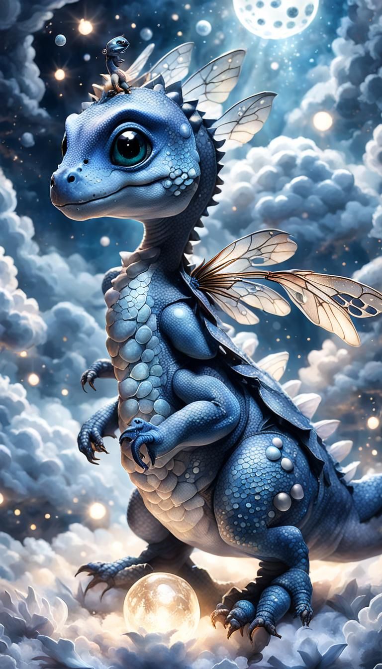Fantasy Baby Dino with Dragonfly in Dreamy Setting