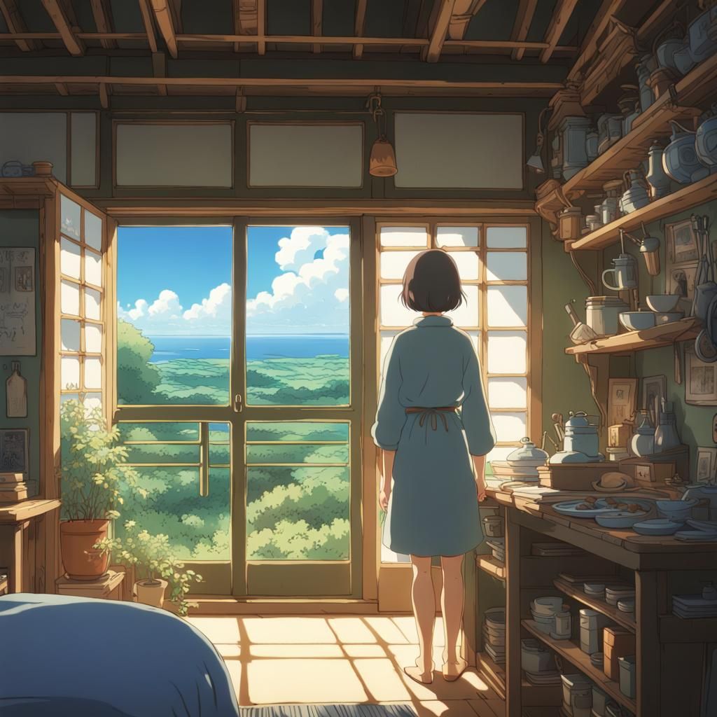 Cartoon Woman's Body with Claymation House, Anime Style