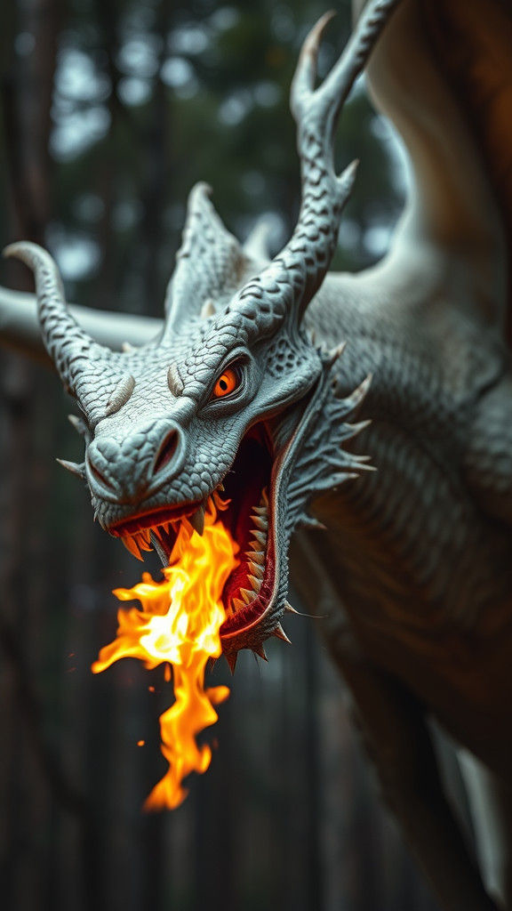 Roaring Fire Dragon in Forest, Low Angle View