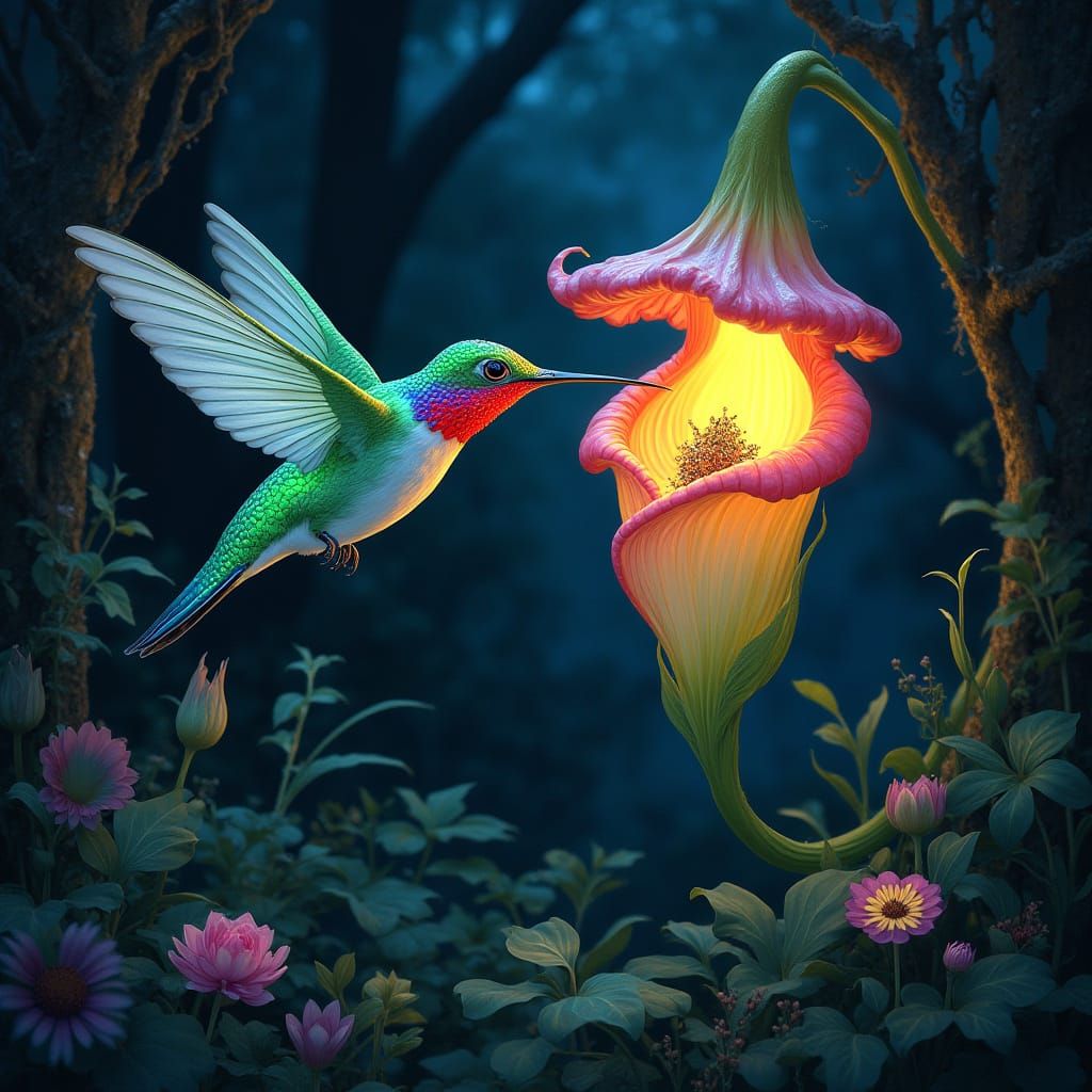Bioluminescent Hummingbird in Enchanted Forest, Art Nouveau ...
