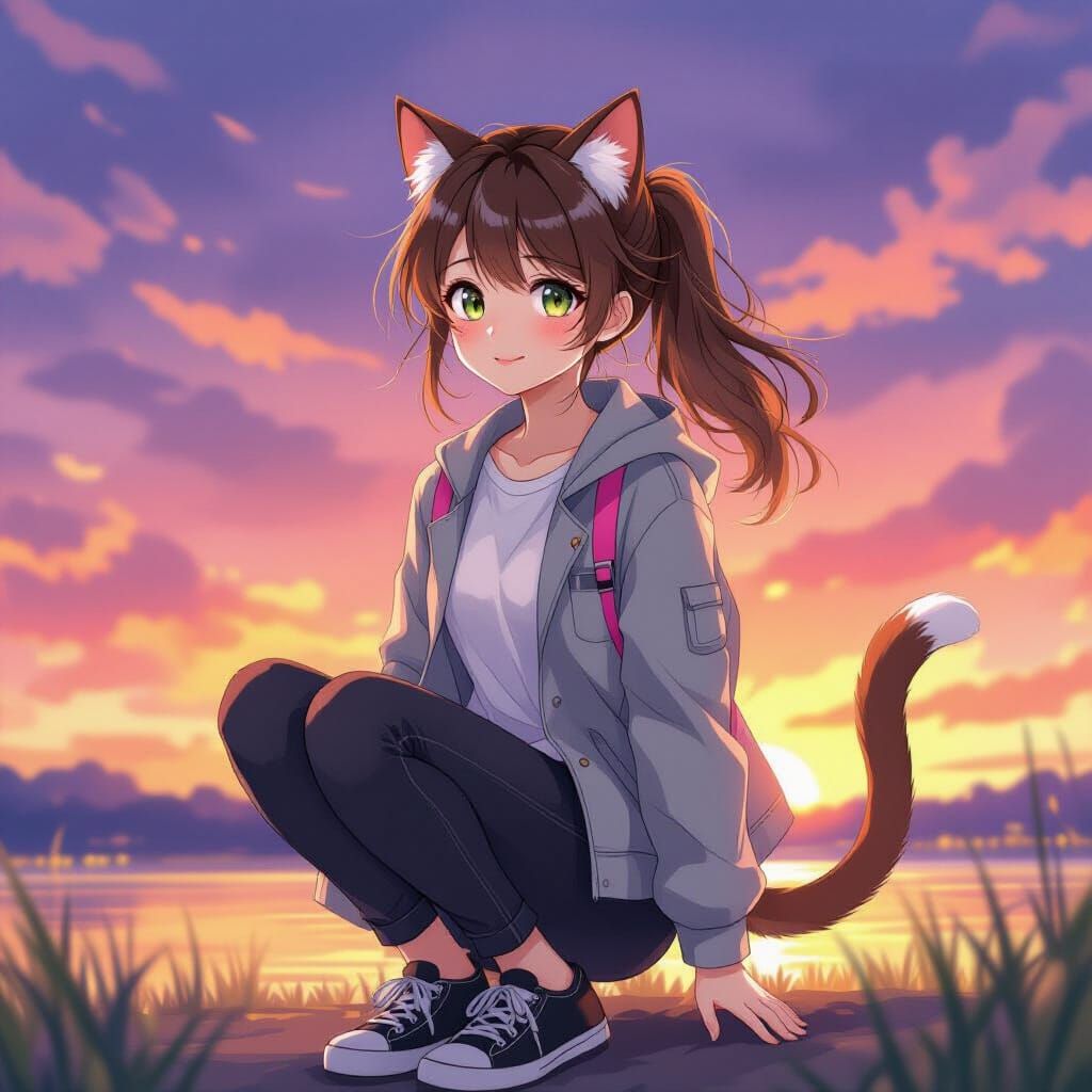 Anime Girl with Cat Features at Sunset