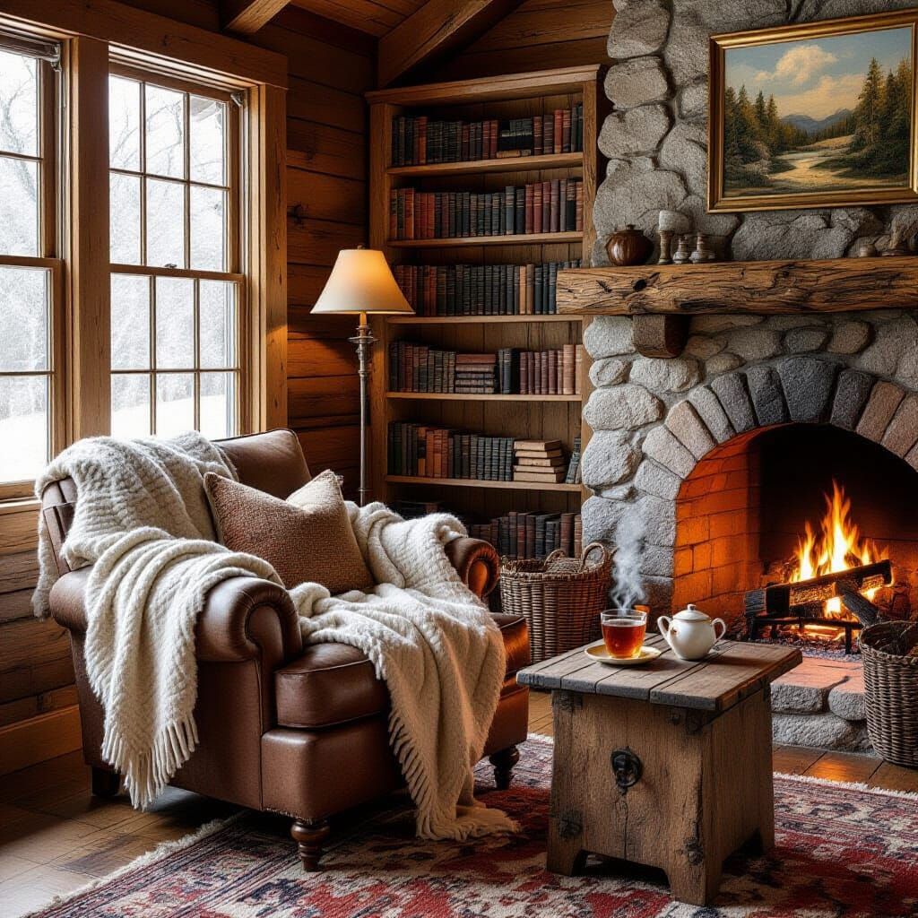 Cozy Reading Nook in Rustic Cabin Interior