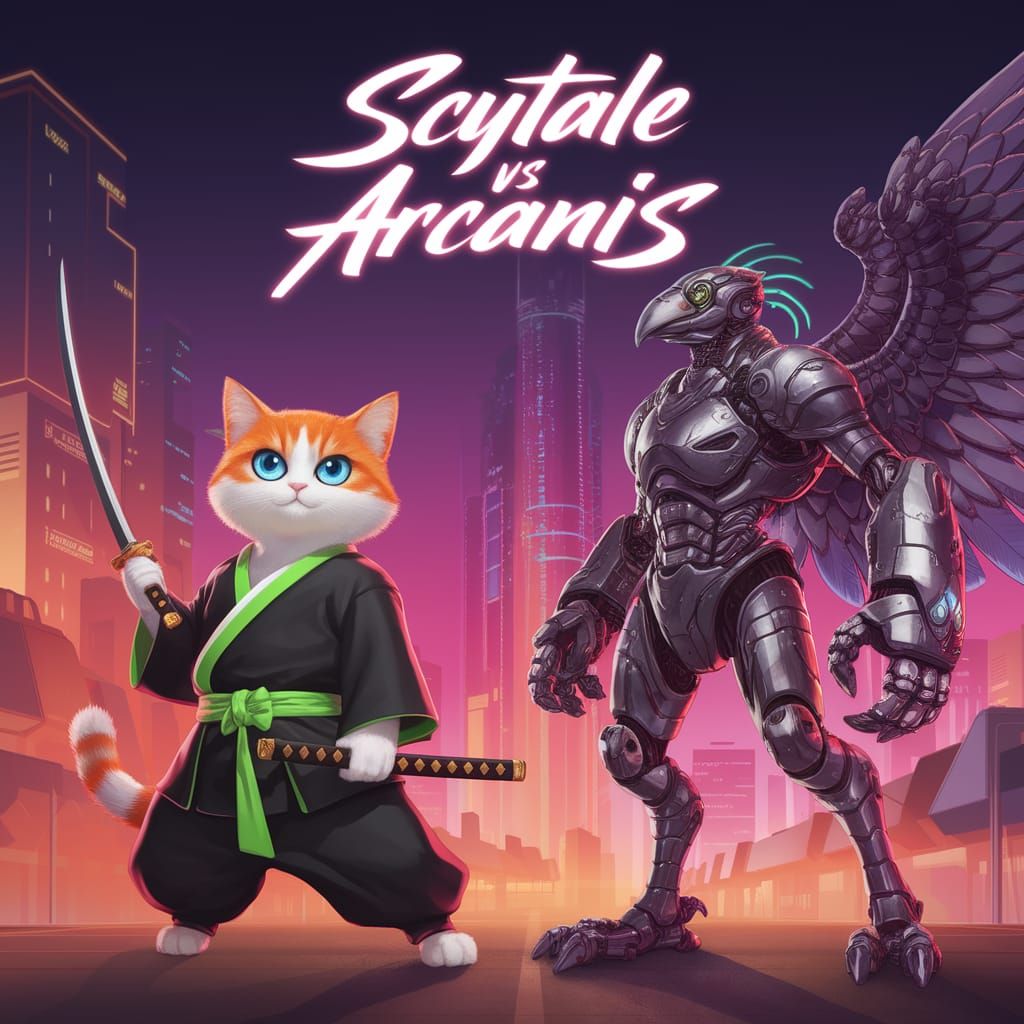 Cyberpunk Samurai Cat Faces Off Against Futuristic Bird in N...