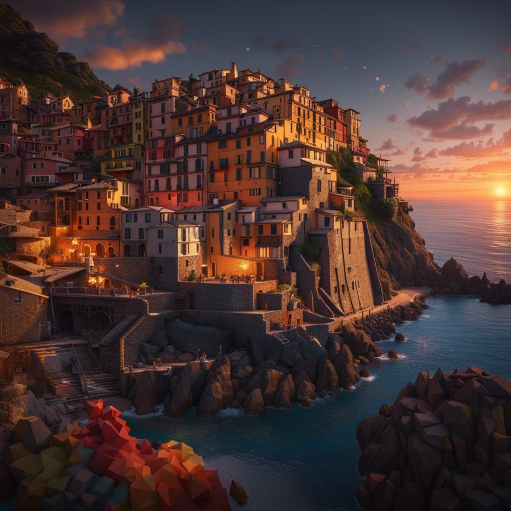 Manarola Sunset: Digital Art in Orange and Teal
