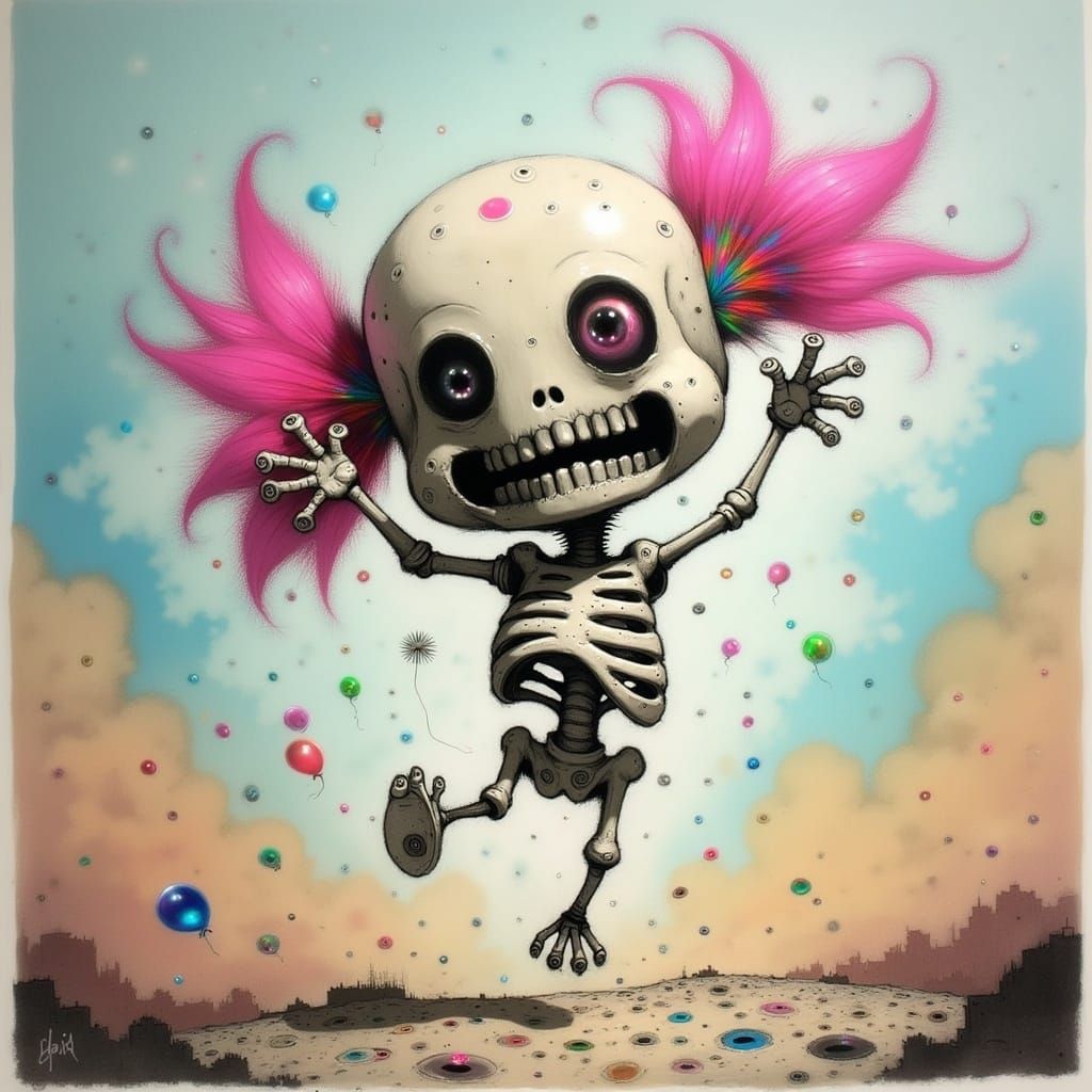 Sugar-Skull Skeleton with Pink Fluffy Hair-Ties