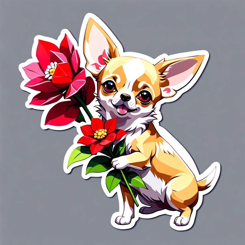 Chihuahua and Giant Flower Sticker in Low Poly Style