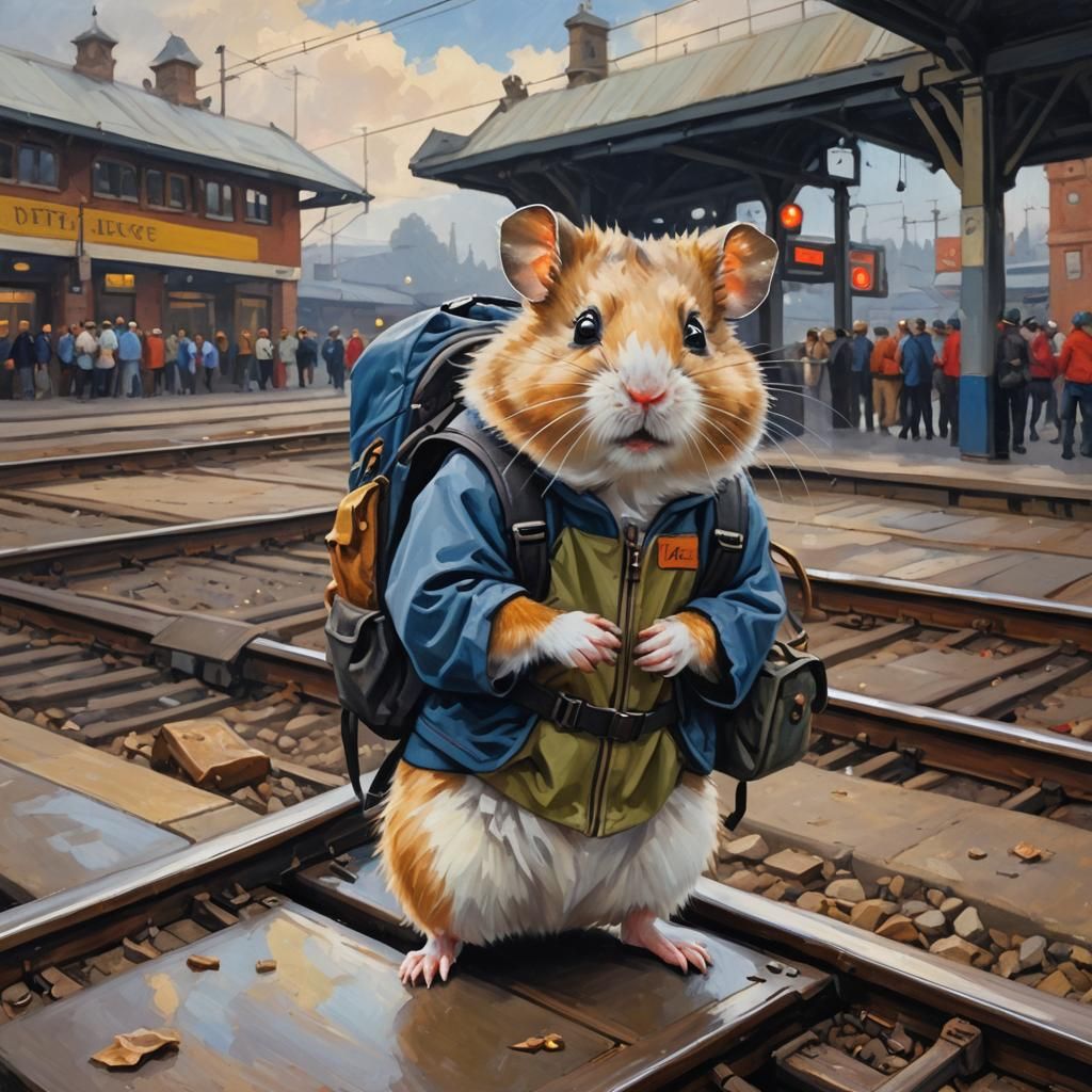 Hamster Traveler at Train Station: Oil Painting