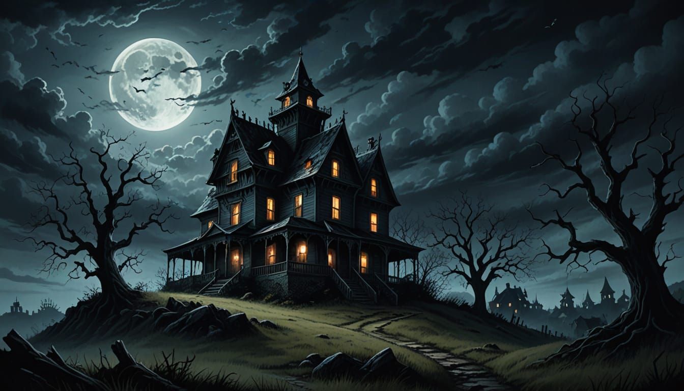 Spooky Haunted House on Hill in Ominous Oil Painting