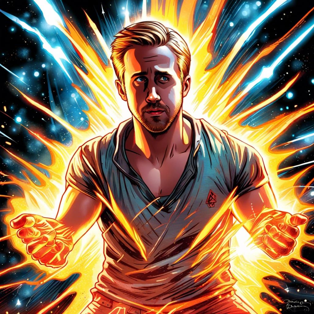 Superpowered Man with Fiery Aura in Comic Art Style