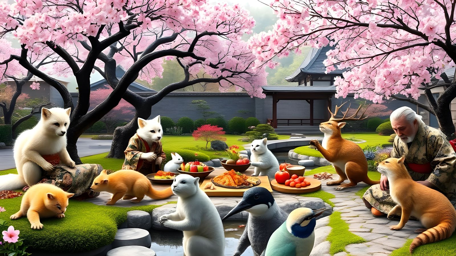 Japanese Garden Feast with Whimsical Creatures