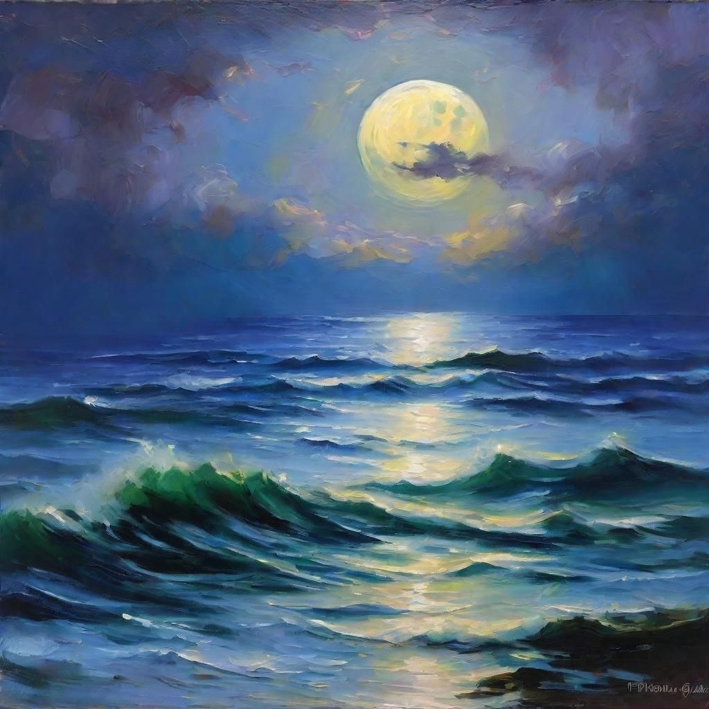 Moonlit Ocean in Impressionistic Style