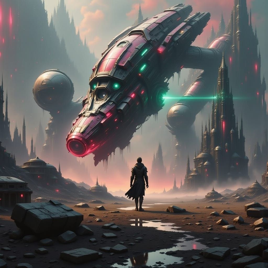 Cyberpunk Warrior Stands Amidst Desolate Landscape