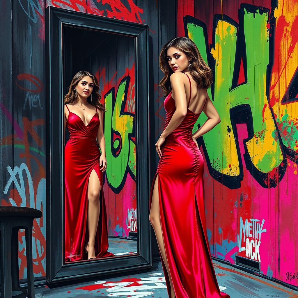 Woman in Red Dress Reflected in Graffiti Mirror