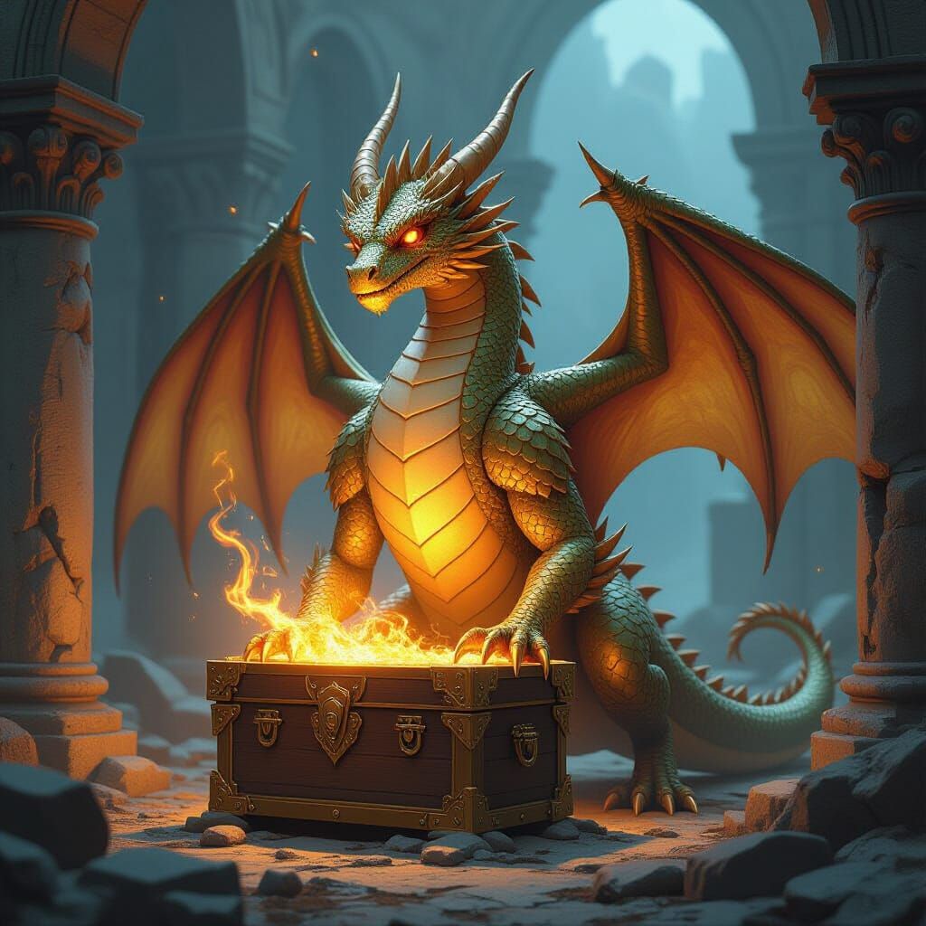 Gold Dragon Guarding Magical Chest in Ancient Ruins