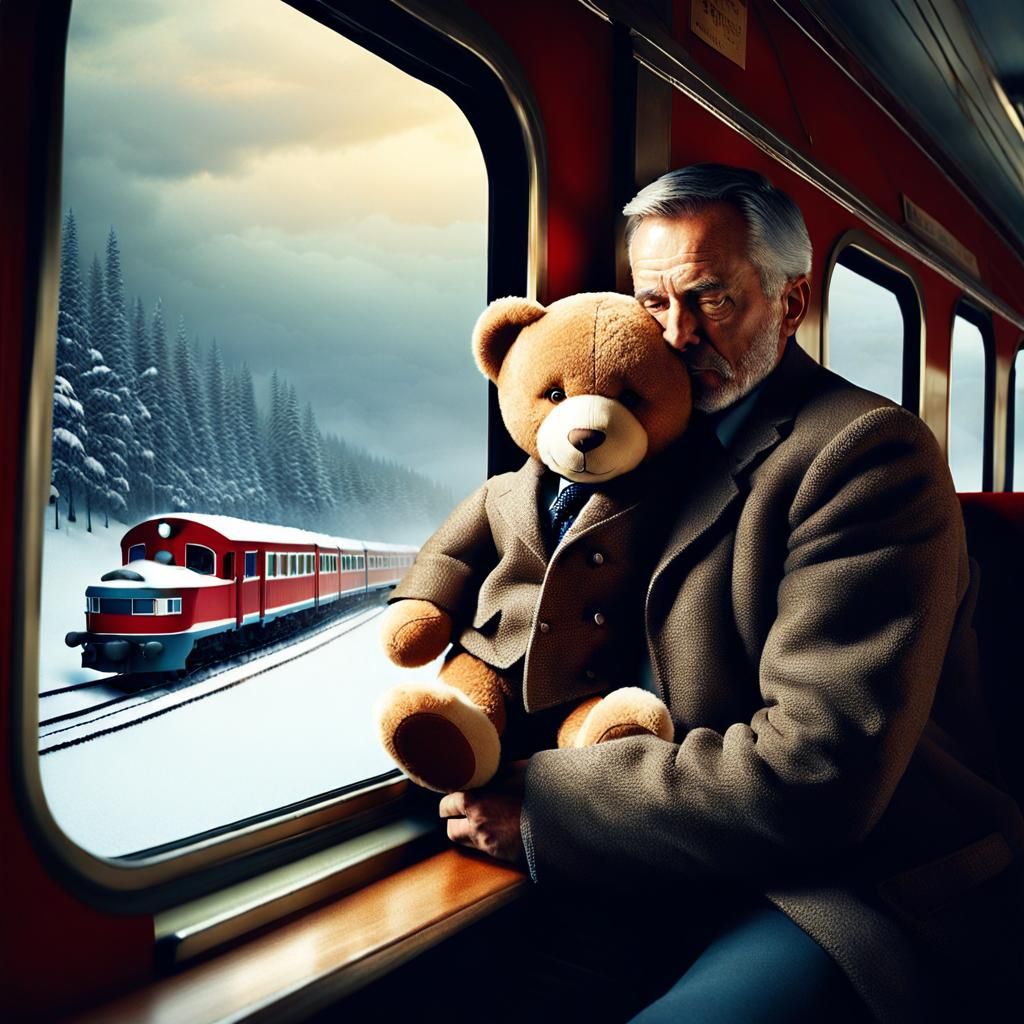 Nostalgic Train Ride: Man and Teddy Bear