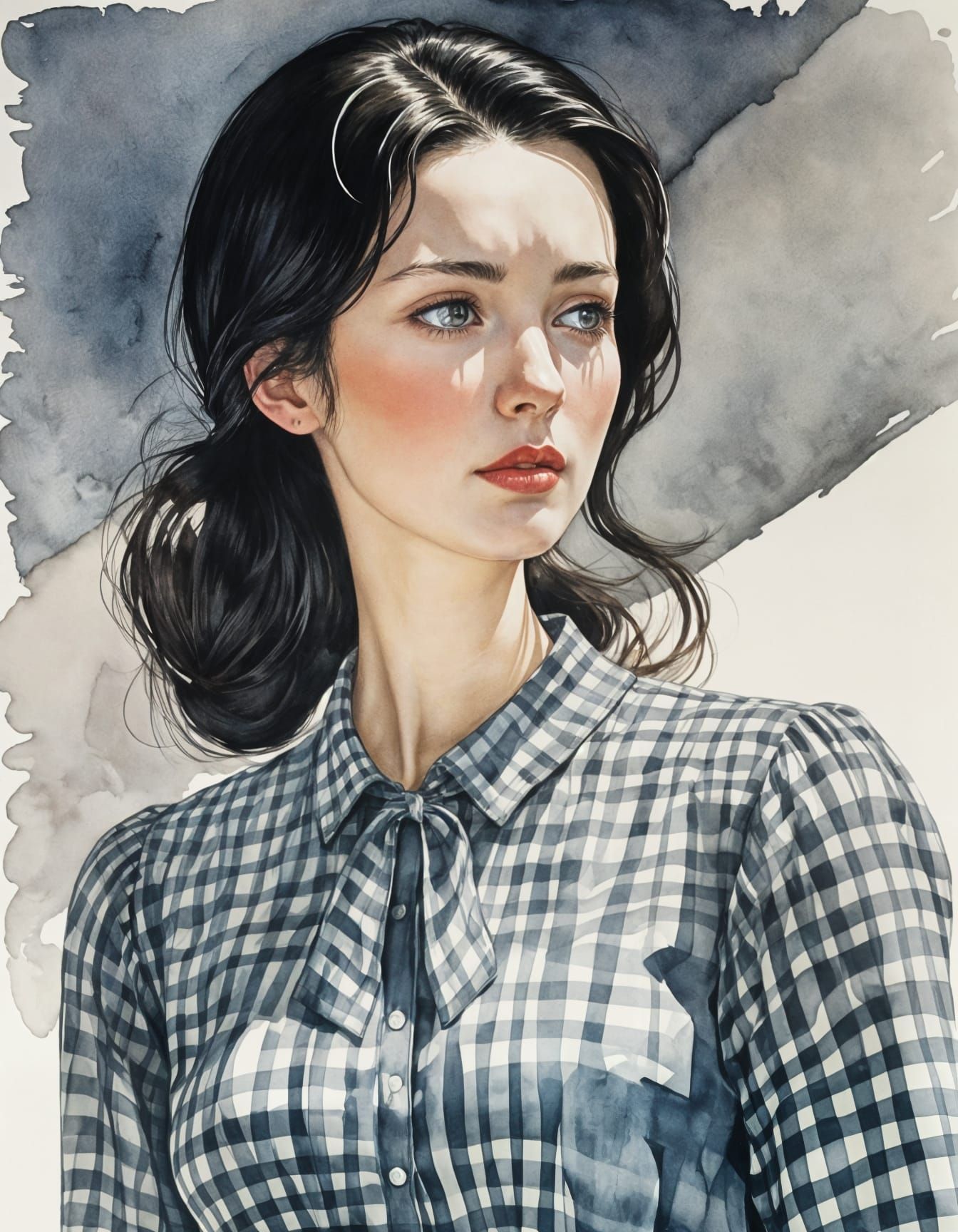 Ethereal Gingham Goddess in Watercolor Style