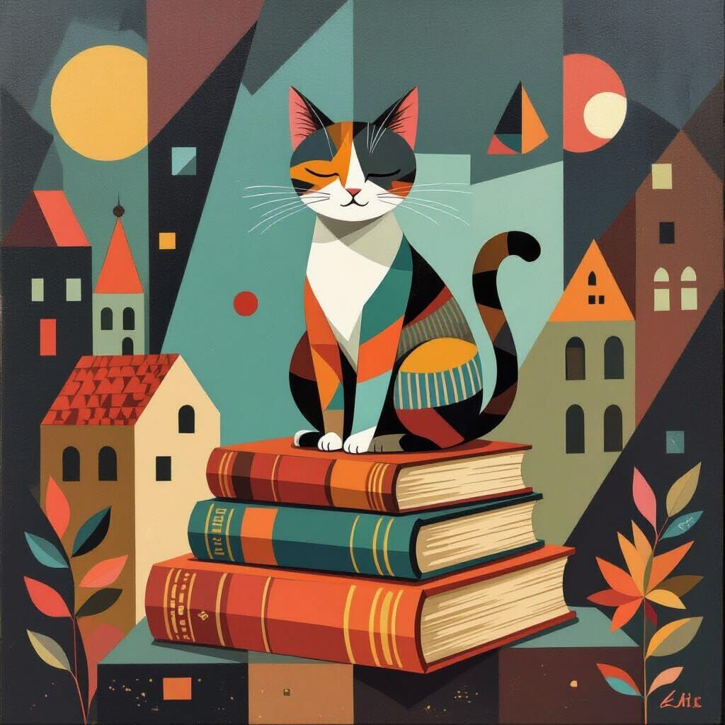 Cozy Cubist Cat Nap on Books in Geometric Cityscape