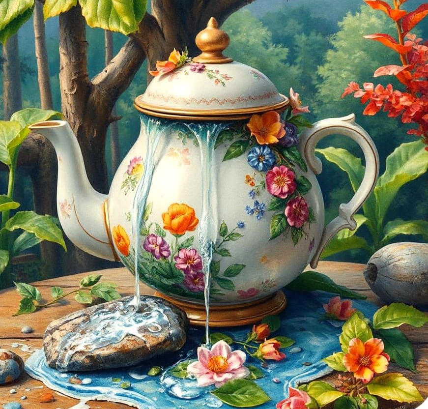Rainbow Waterfall Flowing into Floral Teapot