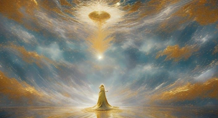 Serene Blonde Goddess in Golden Cloak Contemplates Starry Ni...