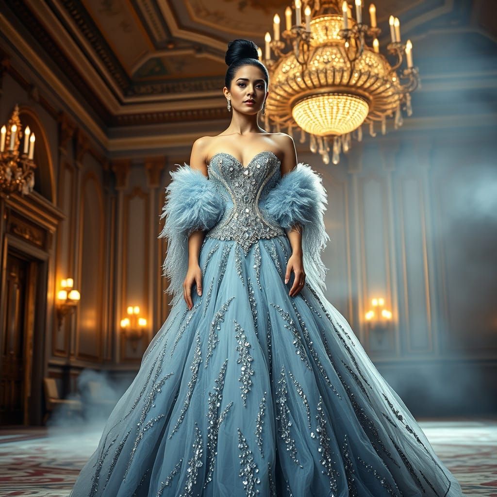 Elegant Woman in Grand Ballroom Gown with Delicate Crystal D...