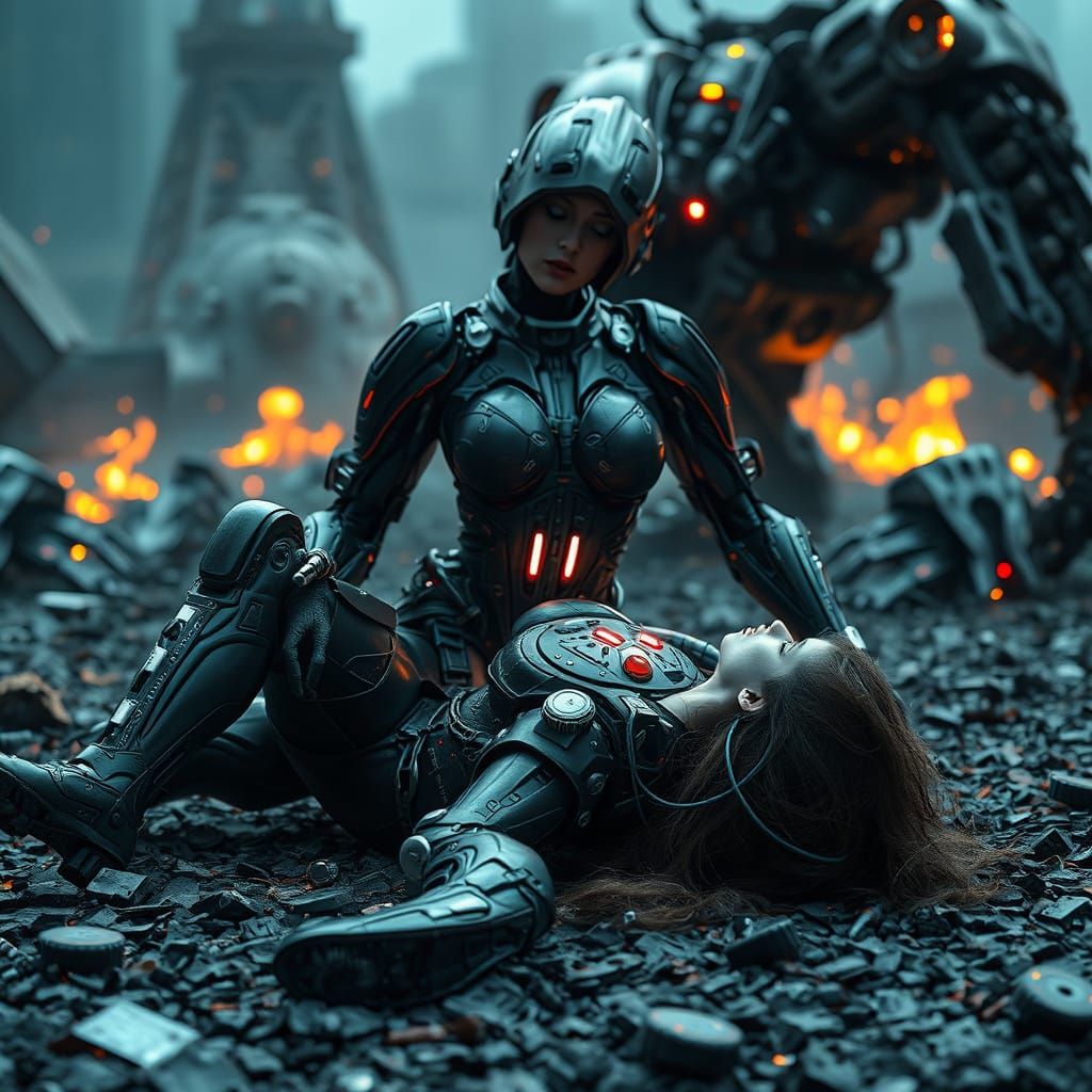 Cyberpunk Warrior in Shattered Exosuit