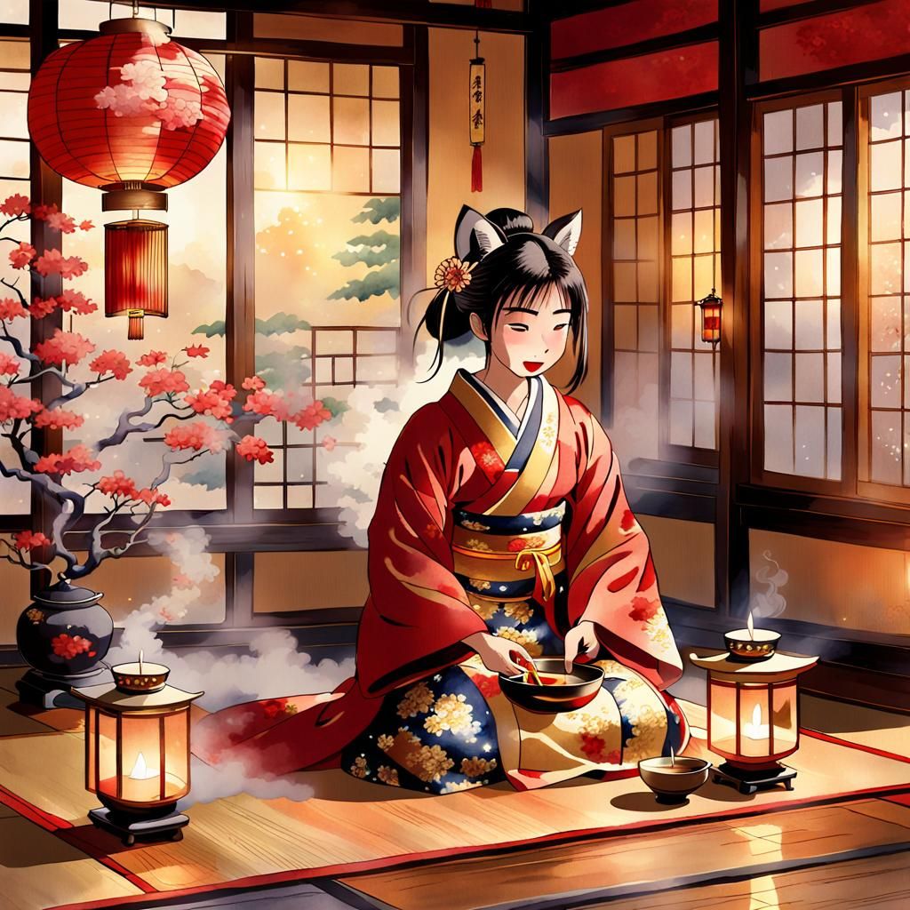 Anime Kitsune Tea Ceremony in Japanese Watercolor Style