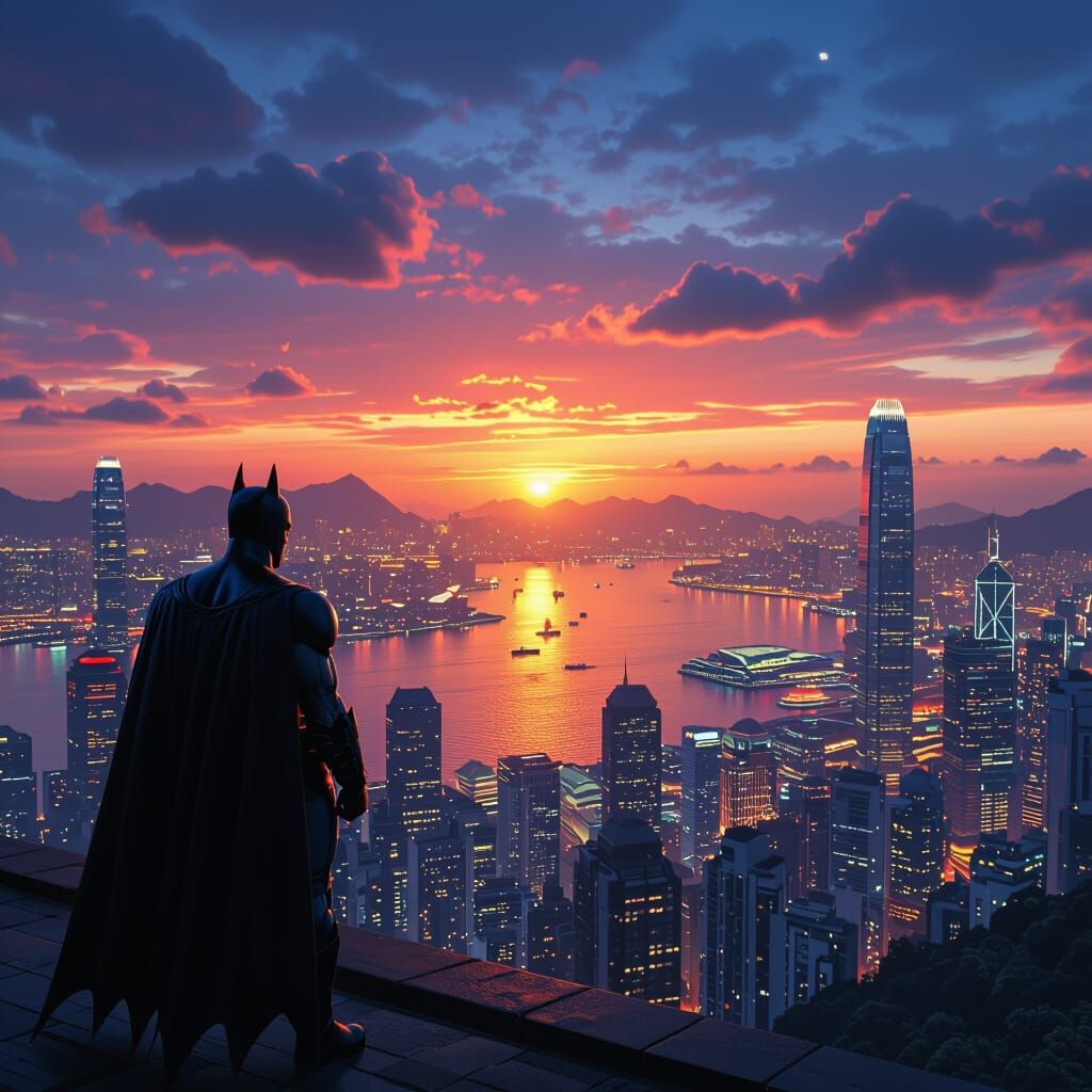 Batman Watches Hong Kong Sunset from Victoria Peak