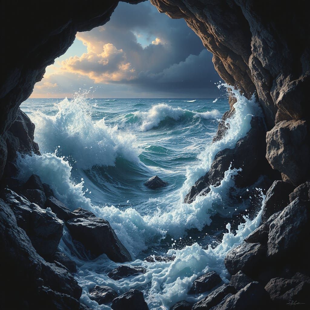 Stormy Sea Enters a Serene Cove in Hyperrealistic Detail