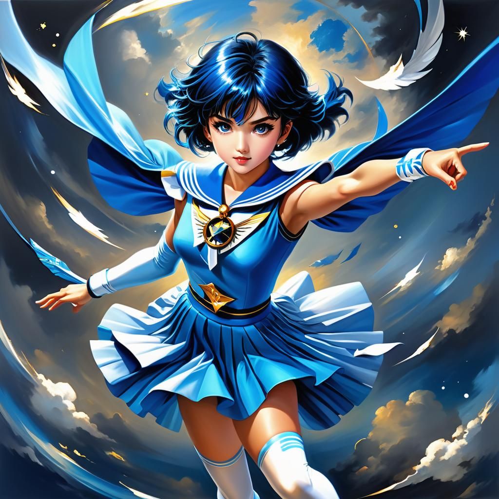 Surreal Oil Painting of Sailor Mercury in Flight