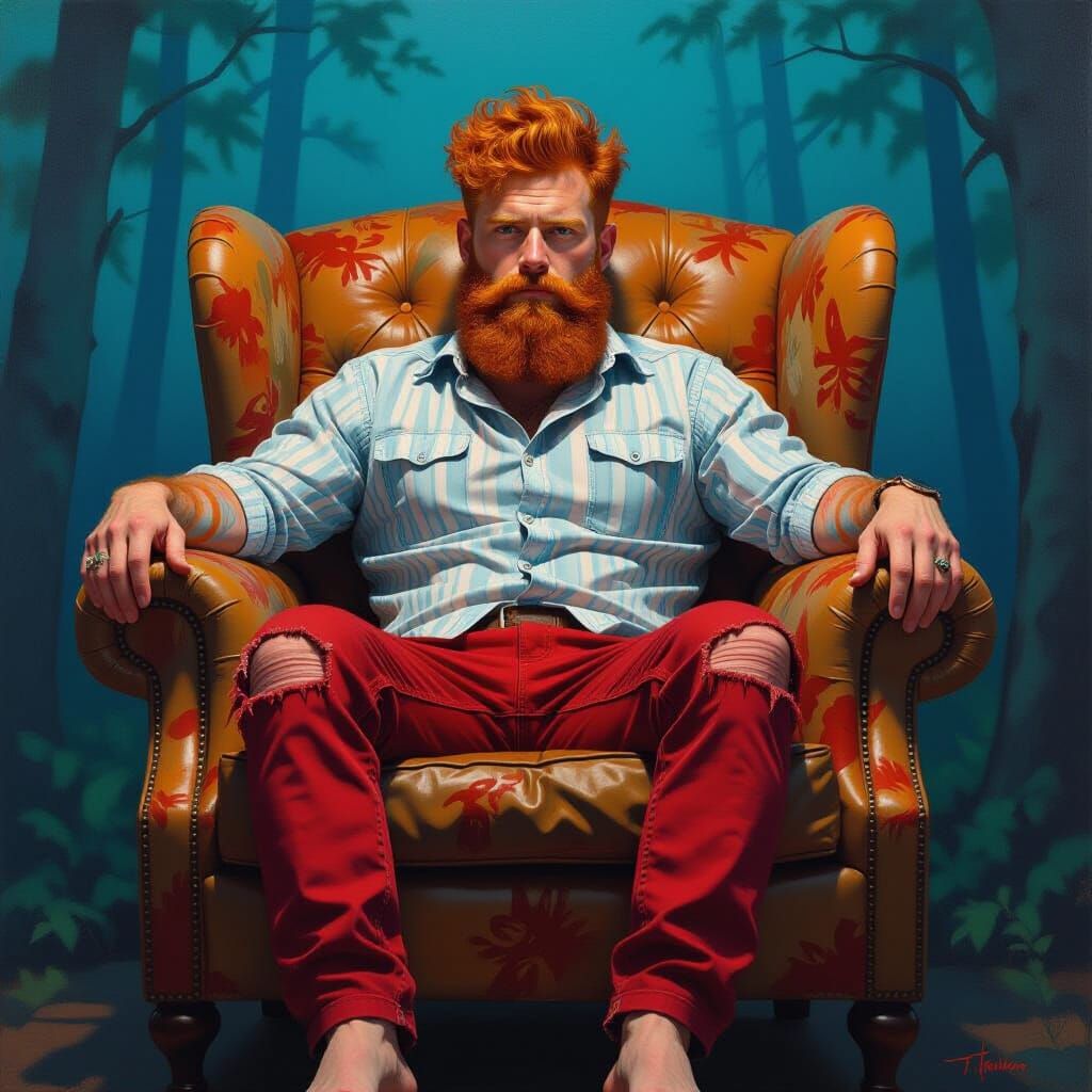 Hyperrealistic Oil Painting of a Striking Man in Armchair