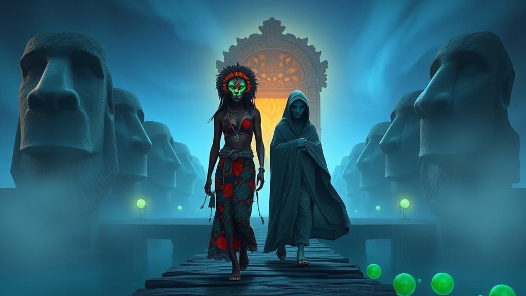 African Woman and Alien on Easter Island Bridge