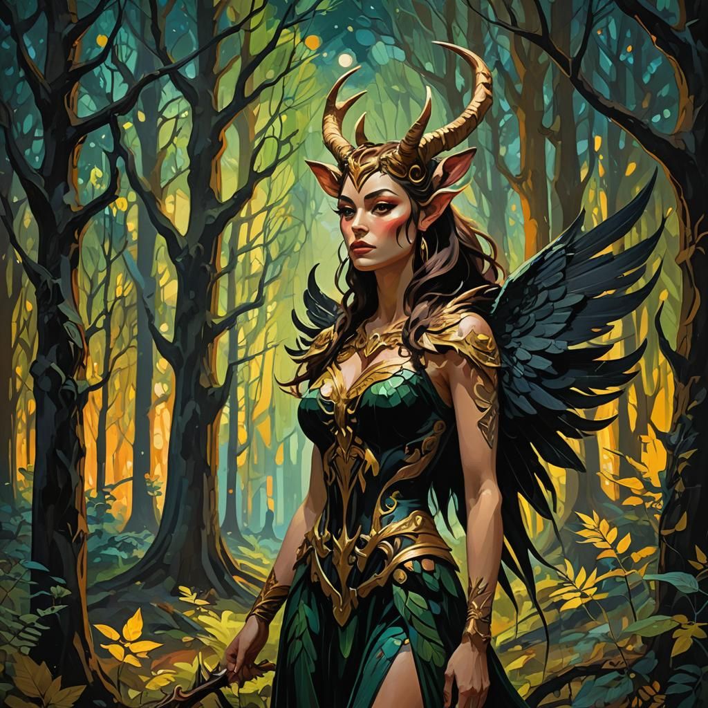 Faun Girl with Black Wings in Fauvist Style