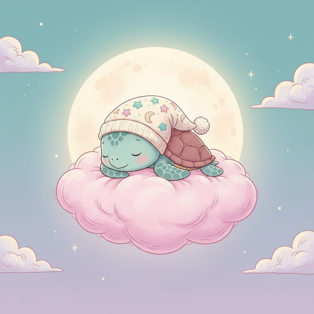 Kawaii Baby Turtle Sleeps on Pink Cloud Under Full Moon