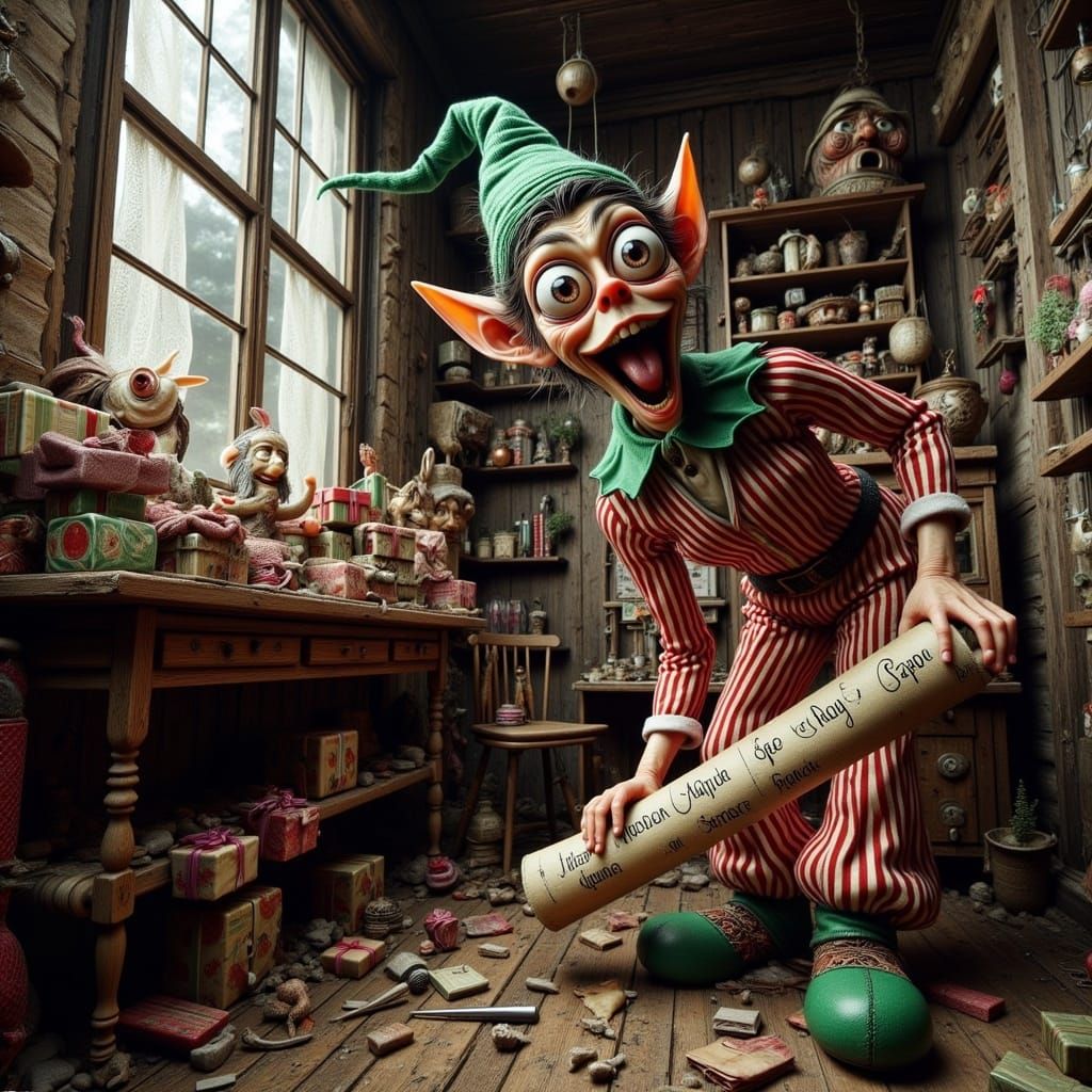 Whimsical Elf Surrounded by Cluttered Workshop and Christmas...