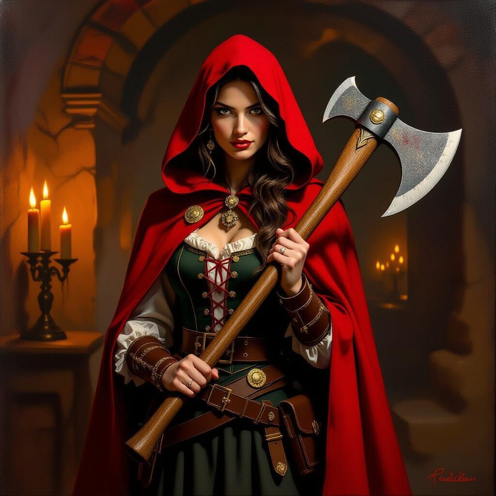 Heroic Little Red Riding Hood in Candlelit Chamber