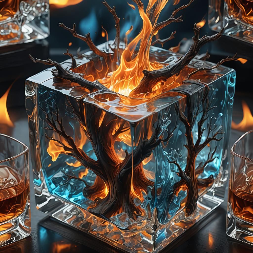 Burning Tree in Glass Cube: Dark Fantasy Art