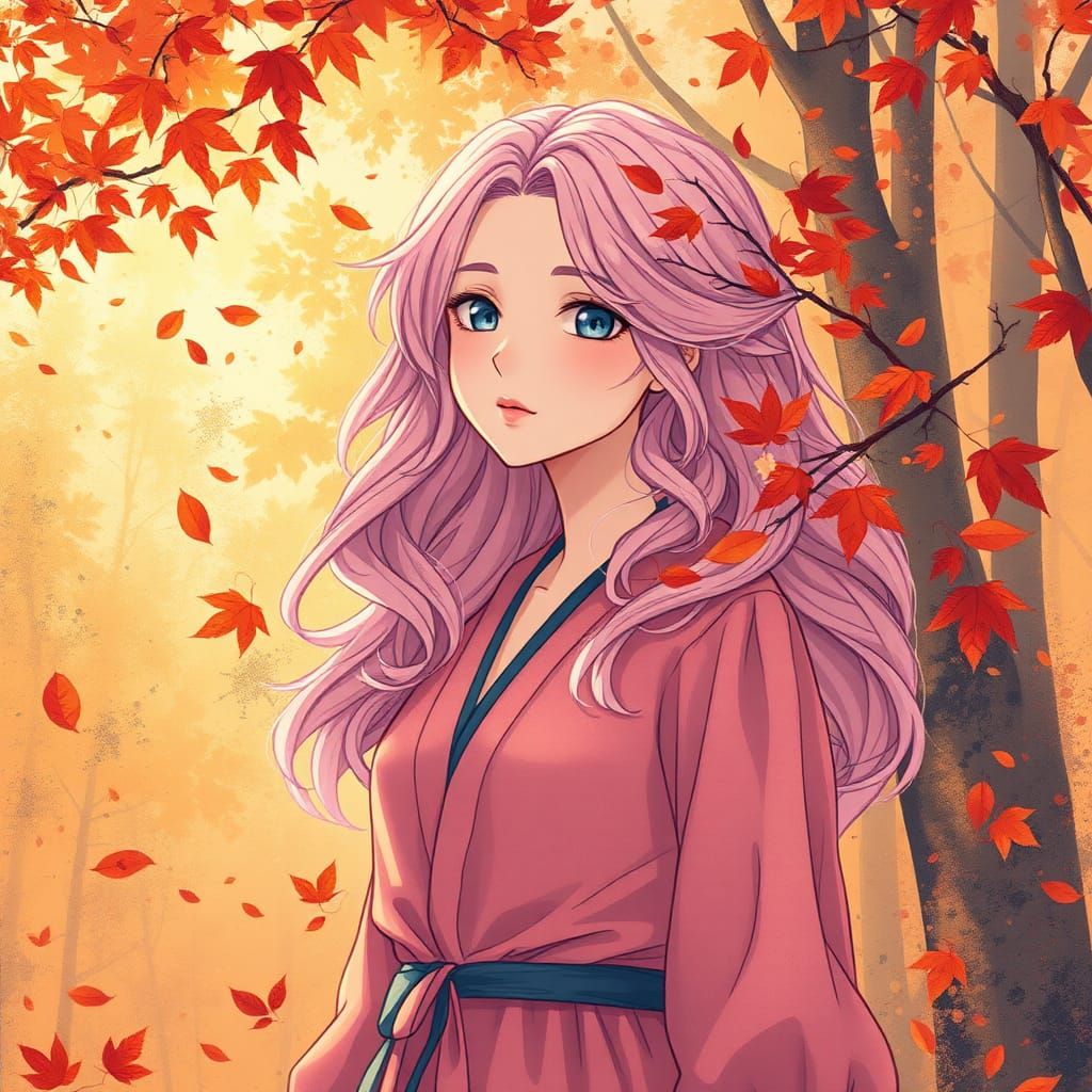 Autumn Forest Woman in Anime Style