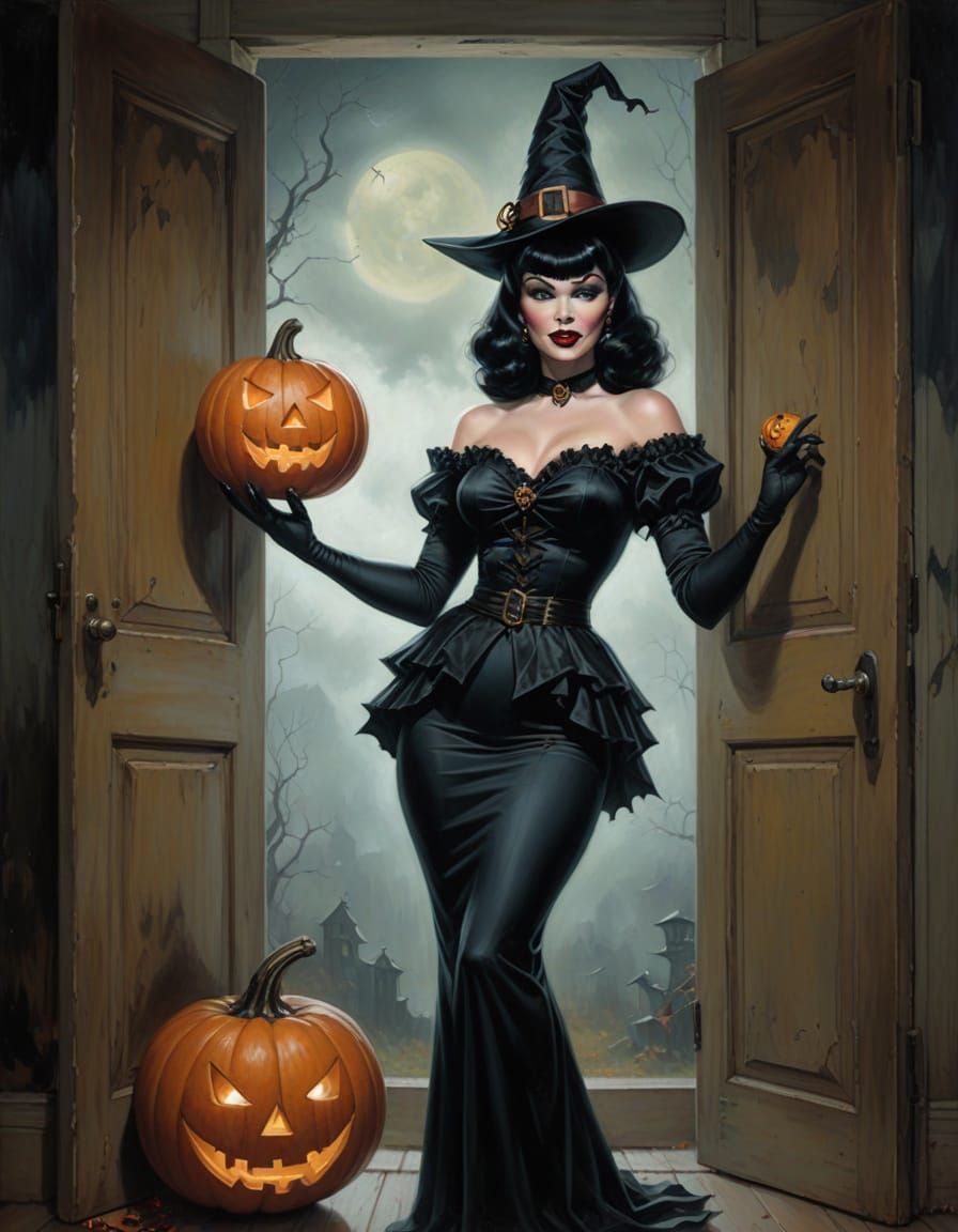 Glamour Witch with Frankenstein in Halloween Doorway