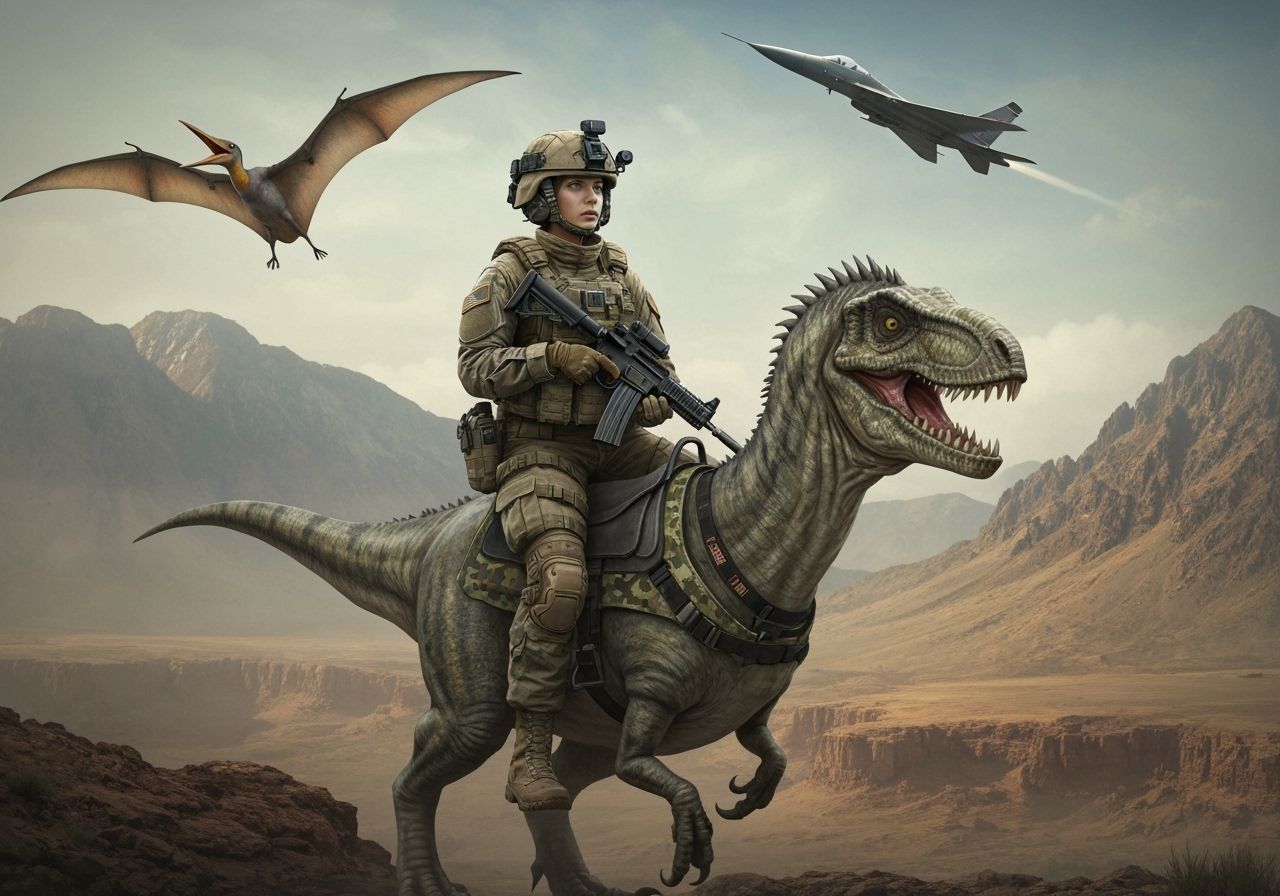 GWOT Soldier Rides Deinonychus in Mountainous Arid Terrain