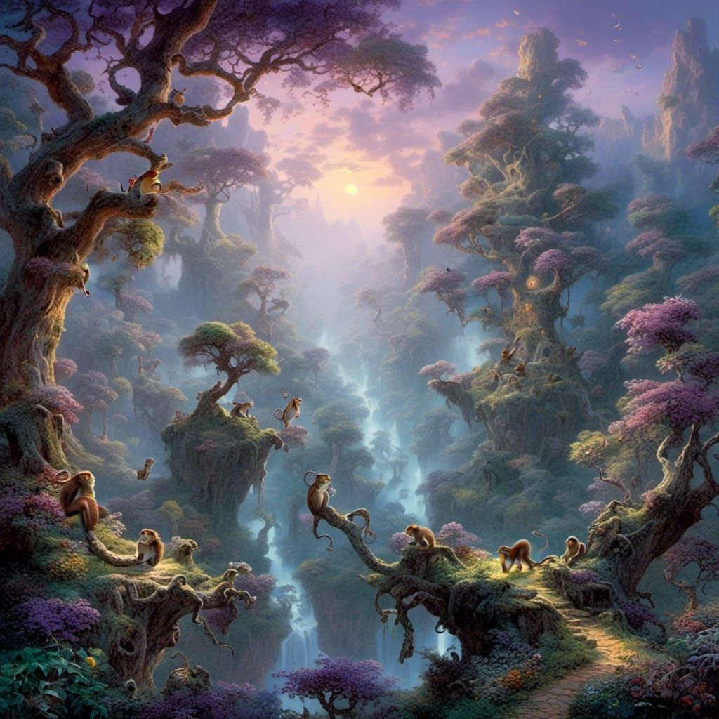 Lush Forest with Monkeys in Van Gogh Style